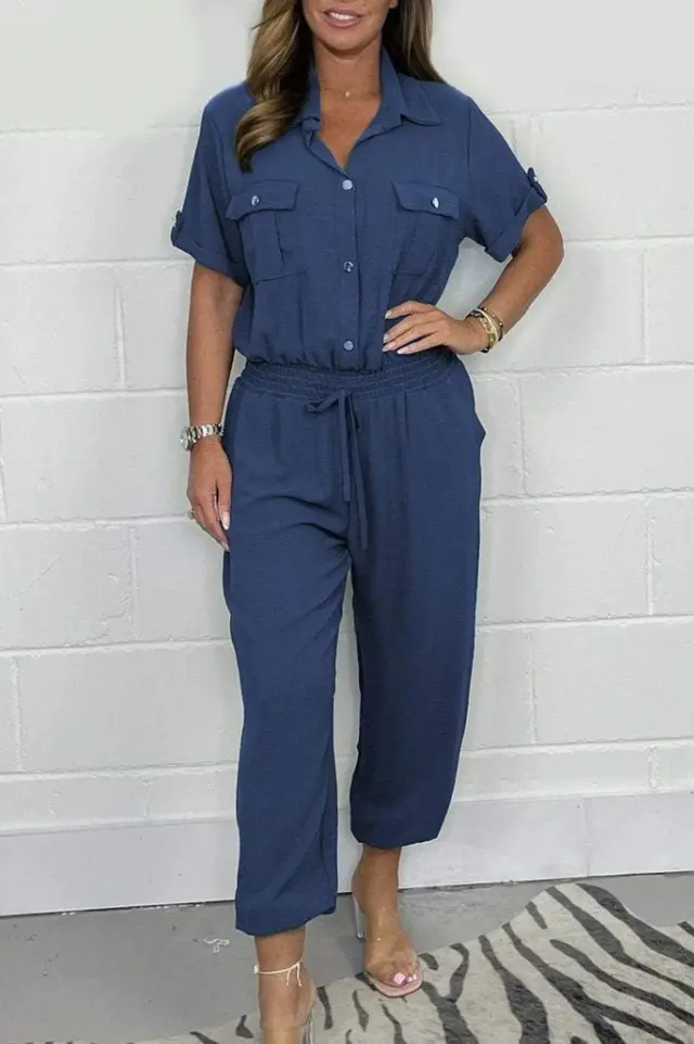 All matching Solid Color Casual Polo Collar Shirt Wide Leg Jumpsuit For Women Blue - Shop at LoveMi