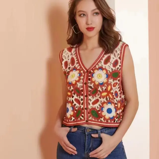 Women's Summer Vacation Vintage Crocheted Hollow Knitted Vest Red Vest - Shop at LoveMi