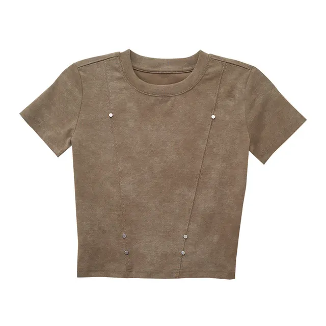 American style Retro Fried Color Distressed Top Round Neck Rivet Short T shirt For Women Coffee - Shop at LoveMi