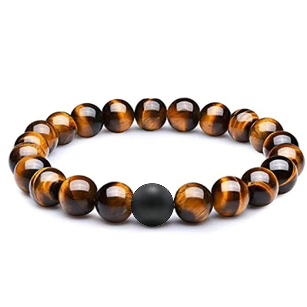 Men's Beaded Lava Stone Beads Couple Bracelet - Yellow Tiger Eyes