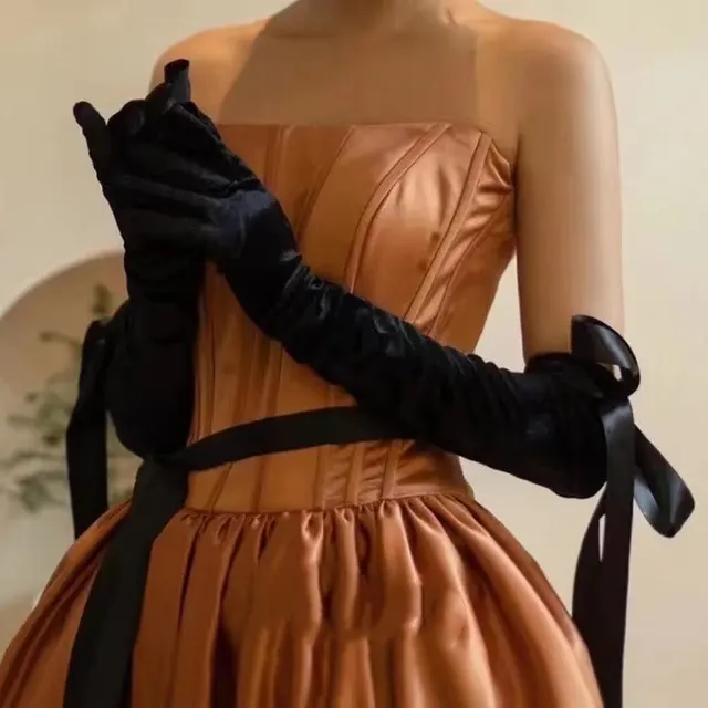 French Retro Hepburn High end Long Black Gloves Black And Long Ribbon Style - Shop at LoveMi