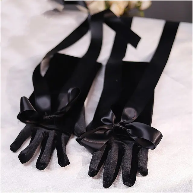 French Retro Hepburn High end Long Black Gloves Short Velvet Bow Flutter - Shop at LoveMi