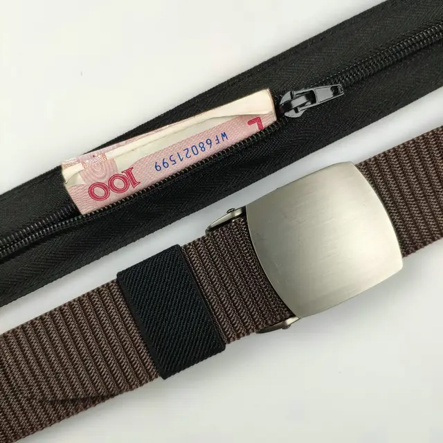 Tank Pattern Alloy Buckle Hidden Money Belt Invisible Zipper Purse Pant Belt Brushed Buckle Brown - Shop at LoveMi