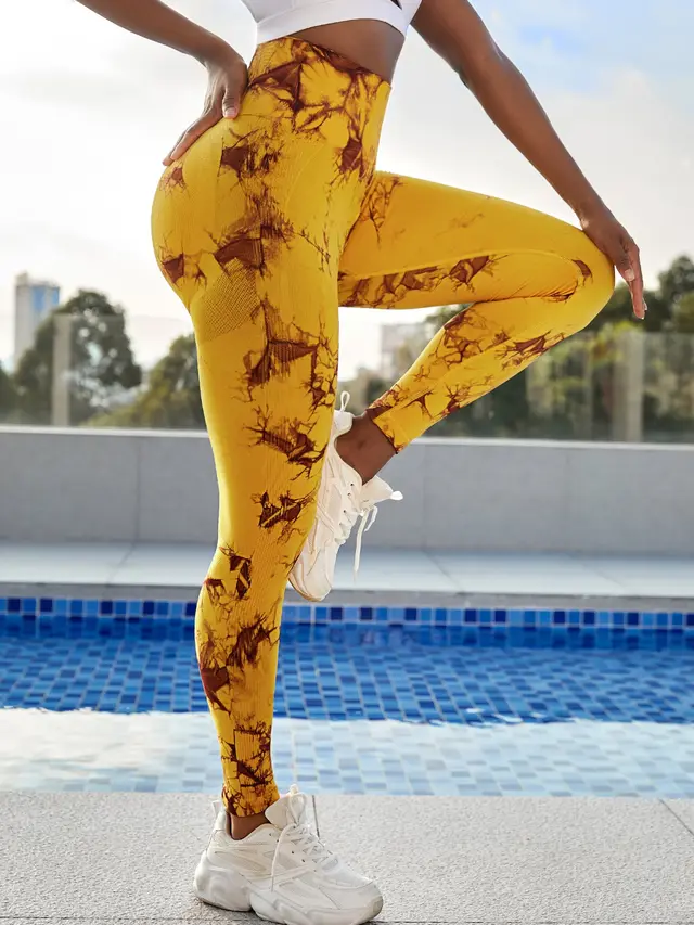 European And American Seamless Peach Yoga Trousers Tie dye High Waist Hip Lift Sports Fitness Yellow Coffee - Shop at LoveMi