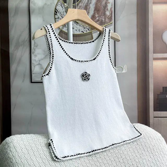 Beaded Flower Slim Fit Wild Vest Knitwear For Women White - Shop at LoveMi