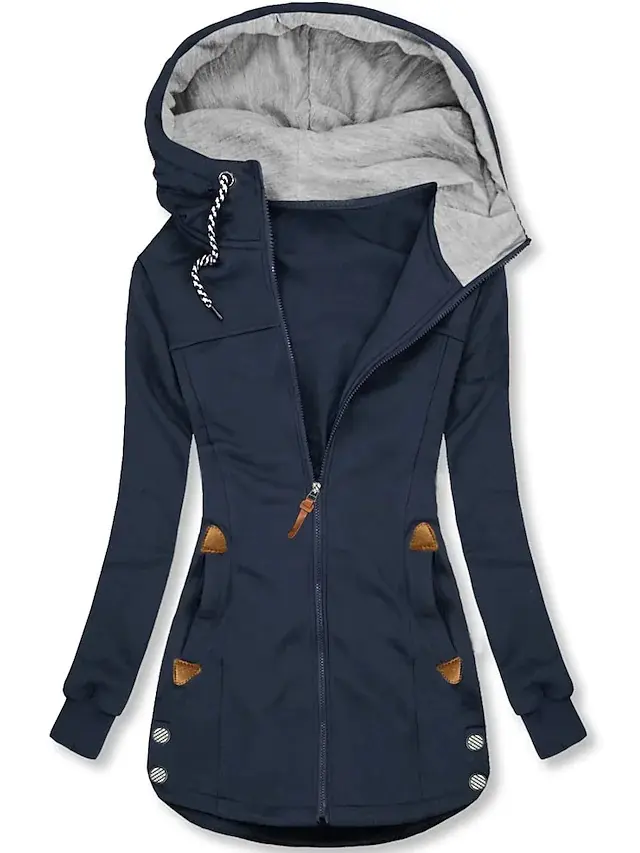 Hooded Sweater Women Drawstring Pocket Zipper Cardigan Outerwear Blue - Shop at LoveMi
