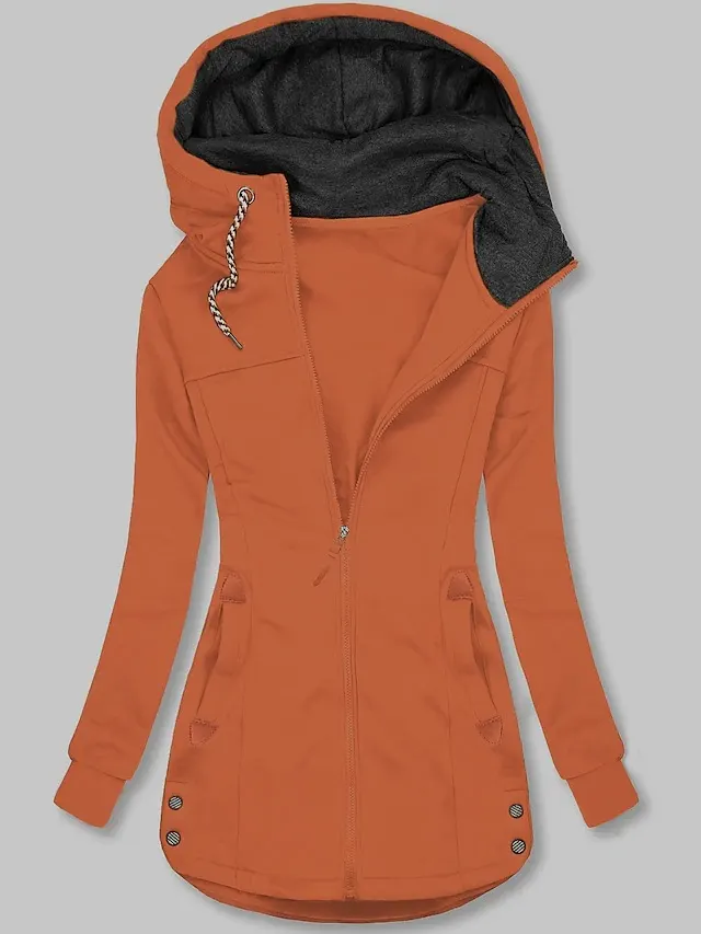 Hooded Sweater Women Drawstring Pocket Zipper Cardigan Outerwear Orange - Shop at LoveMi