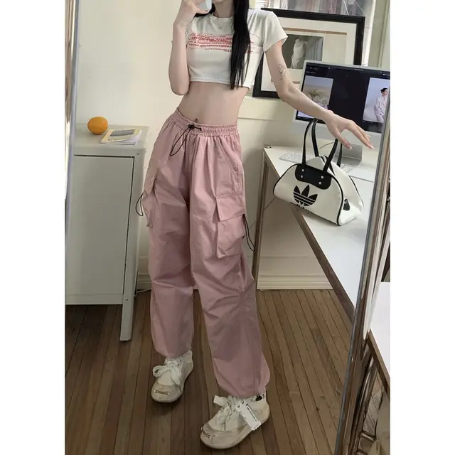 American Retro Workwear Casual Pants Straight Drooping Ankle tied Ins Pink - Shop at LoveMi