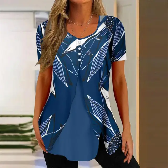 Summer New Women's Round Neck Printed Fake Two Pieces Short Sleeve Shawl Pullover T shirt Tops Dark Blue - Shop at LoveMi