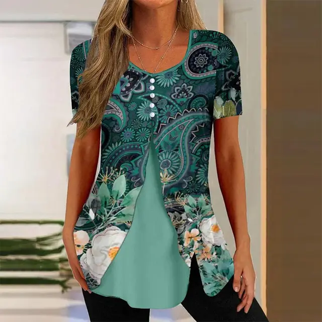 Summer New Women's Round Neck Printed Fake Two Pieces Short Sleeve Shawl Pullover T shirt Tops Green - Shop at LoveMi