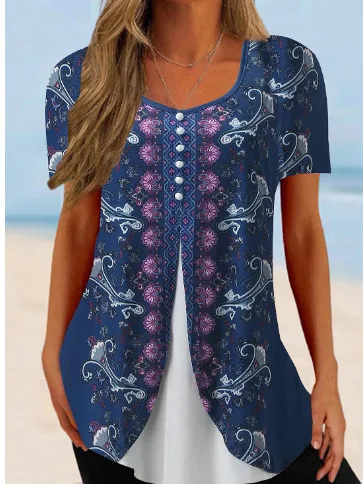 Summer New Women's Round Neck Printed Fake Two Pieces Short Sleeve Shawl Pullover T shirt Tops Lj02 - Shop at LoveMi