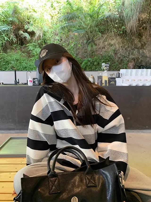 Women's American style Retro Half zip Striped Sweater Black - Shop at LoveMi