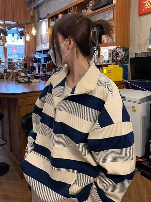 Women's American style Retro Half zip Striped Sweater Blue - Shop at LoveMi