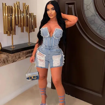 Hollow out Ripped Zipper Short Chest Wrap Denim Jumpsuit Women Blue - Shop at LoveMi