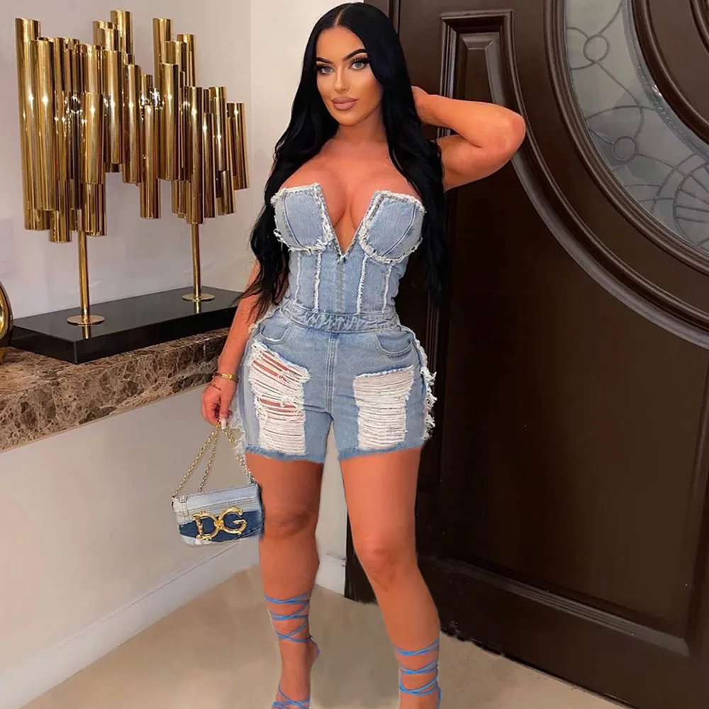 Hollow out Ripped Zipper Short Chest Wrap Denim Jumpsuit Women Blue - Shop at LoveMi