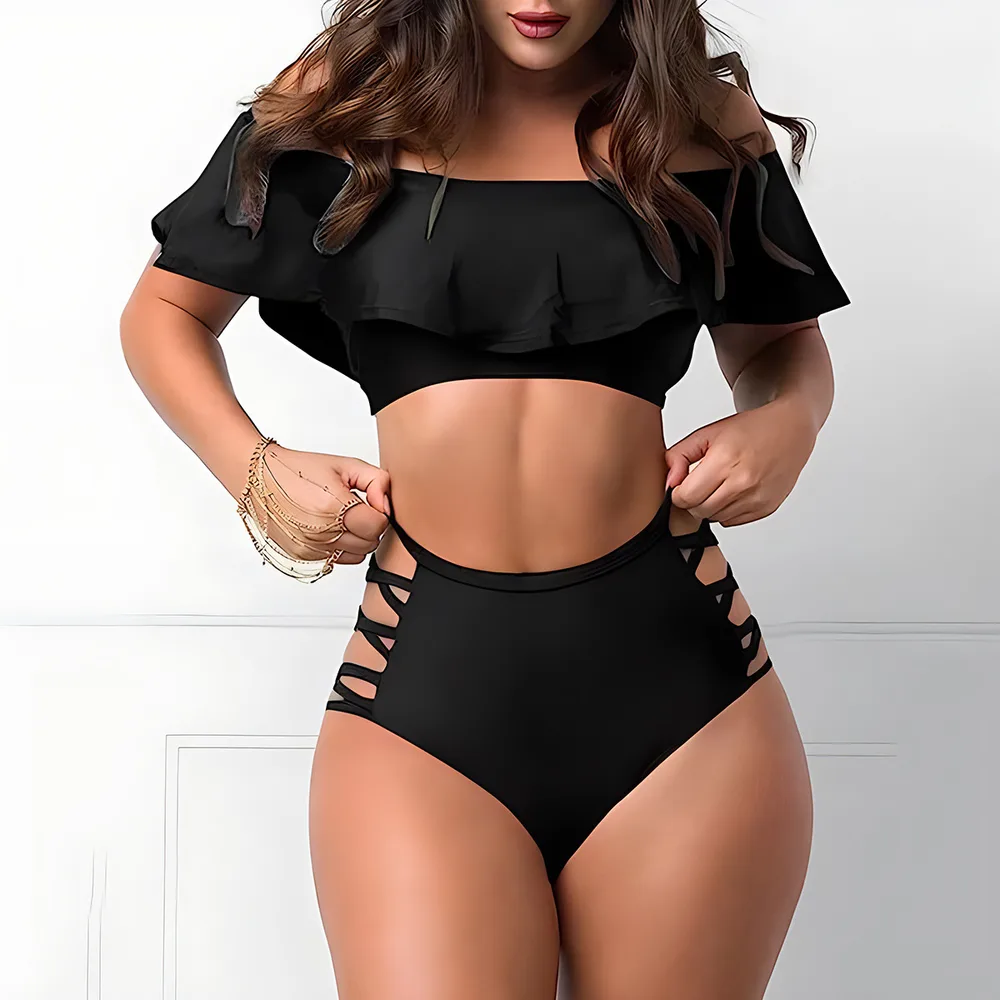 Flounced Split Tube Top Bikini Black - Shop at LoveMi