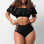Flounced Split Tube Top Bikini - Black