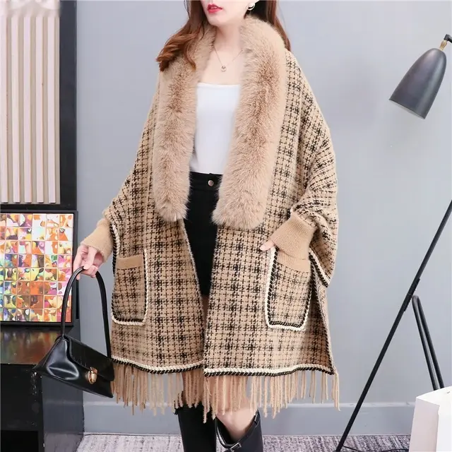 Autumn And Winter New Imitated Mink Cashmere Fur Collar Cape And Shawl Plus Size Tassel Knitted Cardigan Khaki - Shop at LoveMi