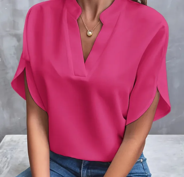 Summer Short sleeved Chiffon Shirt New V neck Shirt Women's Casual Versatile Clothing Rose Red - Shop at LoveMi