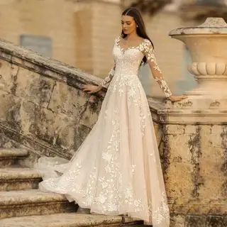 Long Sleeve Wedding Dress Mori Style Bridal Simple Round Neck - Ivory White
