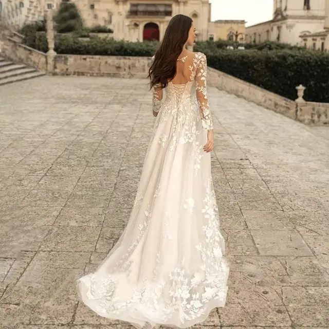 Long Sleeve Wedding Dress Mori Style Bridal Simple Round Neck Pure White - Shop at LoveMi