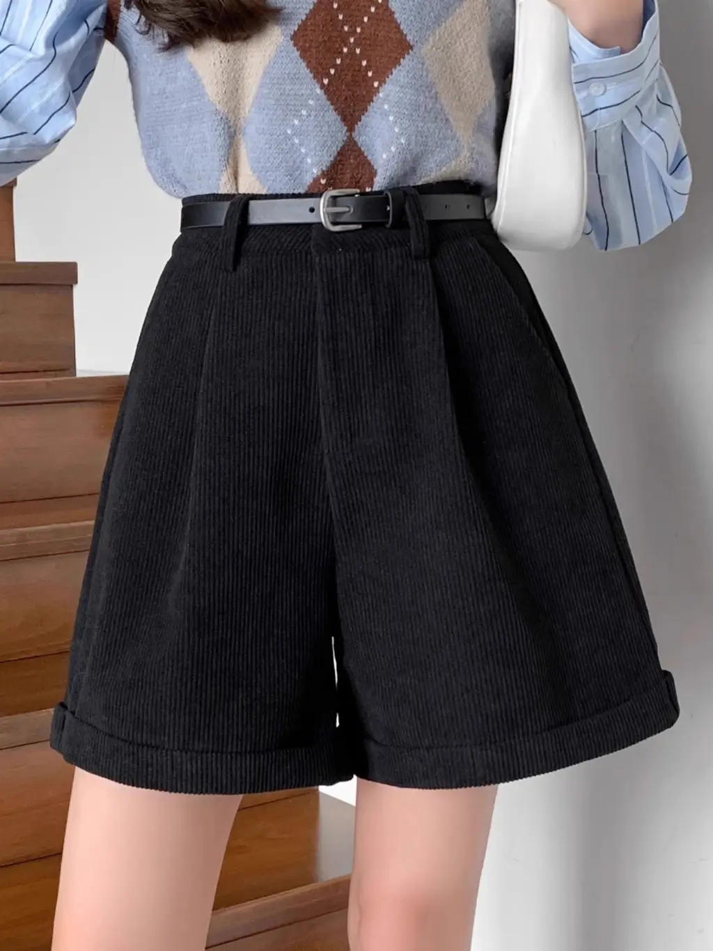 Fashion Brown Corduroy Shorts For Women - Black
