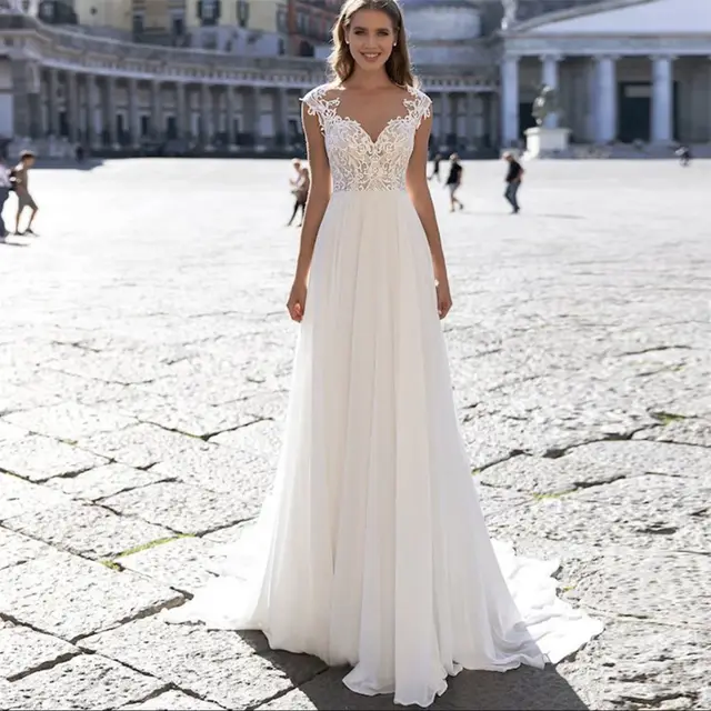 A Series Chiffon Wedding Dress V neck Long Sleeve Ivory - Shop at LoveMi