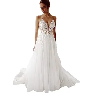 Women's Wedding Dress Lace Strap Backless - White