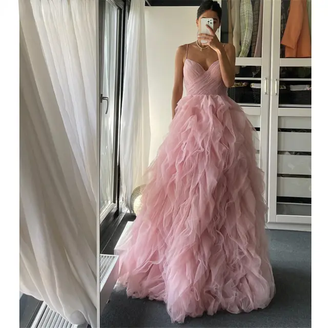 Evening Gown Prom Irregular Spaghetti strap Mesh Long Dress Pink - Shop at LoveMi