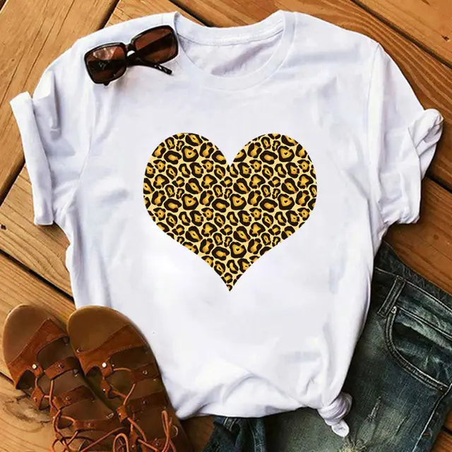 Spring Women's Cartoon Leopard Print Heart Printing T shirt A01981 - Shop at LoveMi