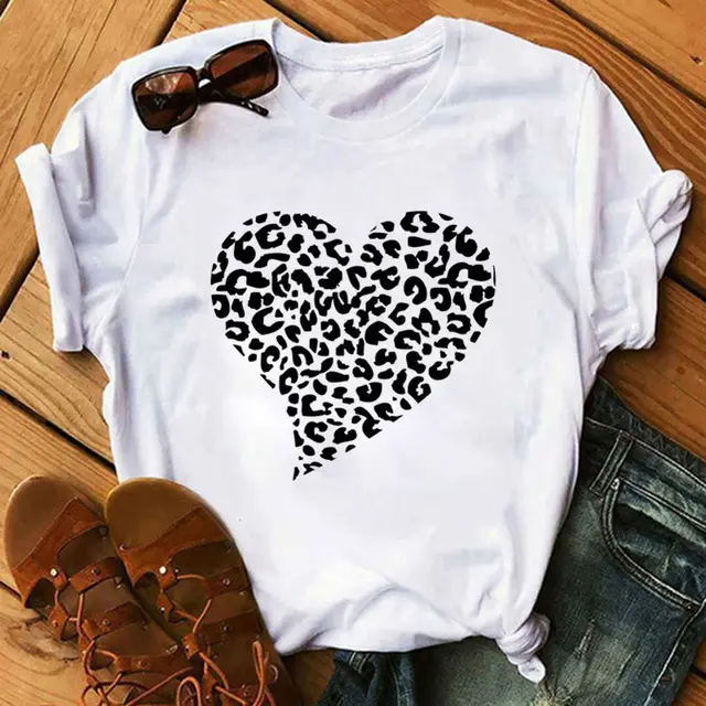 Spring Women's Cartoon Leopard Print Heart Printing T shirt A01982 - Shop at LoveMi