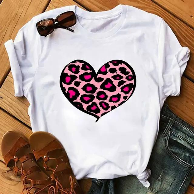 Spring Women's Cartoon Leopard Print Heart Printing T shirt A01988 - Shop at LoveMi