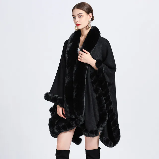 Rex Rabbit Fur Collar Shawl Irregular Oversized Knitted Cardigan Baggy Coat Black - Shop at LoveMi