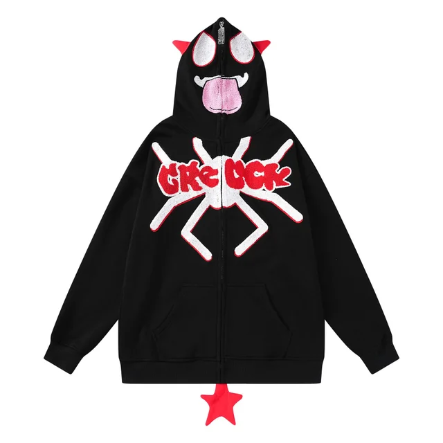 Cartoon Spider Letter Towel Embroidery Hooded Cardigan Sweater Black - Shop at LoveMi
