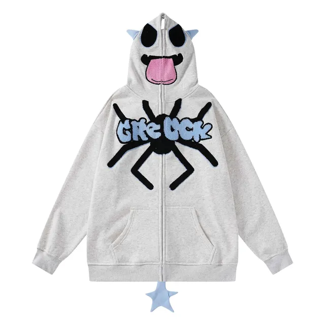 Cartoon Spider Letter Towel Embroidery Hooded Cardigan Sweater Gray - Shop at LoveMi