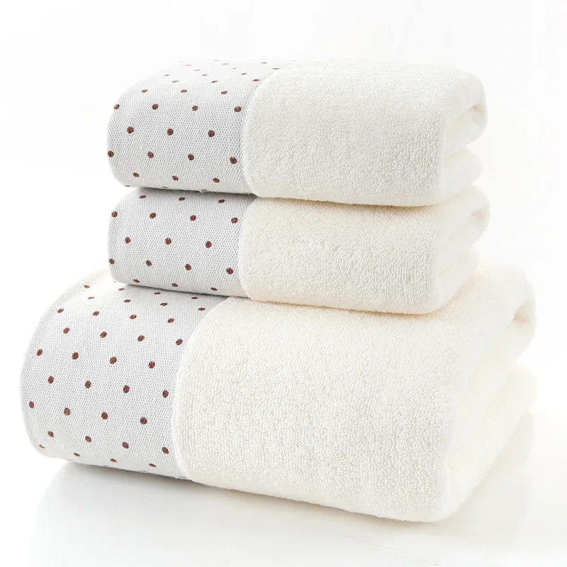 Pure Cotton Towels Three-piece Suit Thick Soft Household - White Circular Dots - View 1
