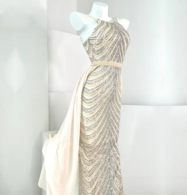 Streamer White Sequined Fishtail High end Ribbon Dress Cream Apricot - Shop at LoveMi