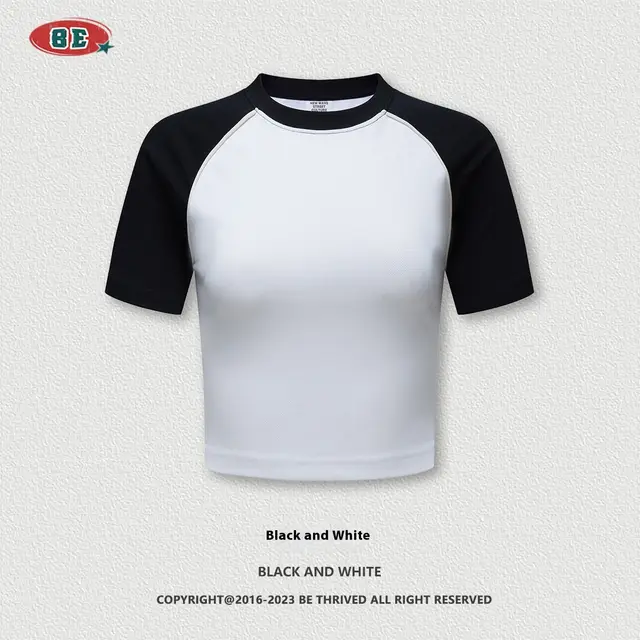 Summer Beauty Retro Short T shirt Contrast Color Raglan Sleeve Round Neck Black And White - Shop at LoveMi