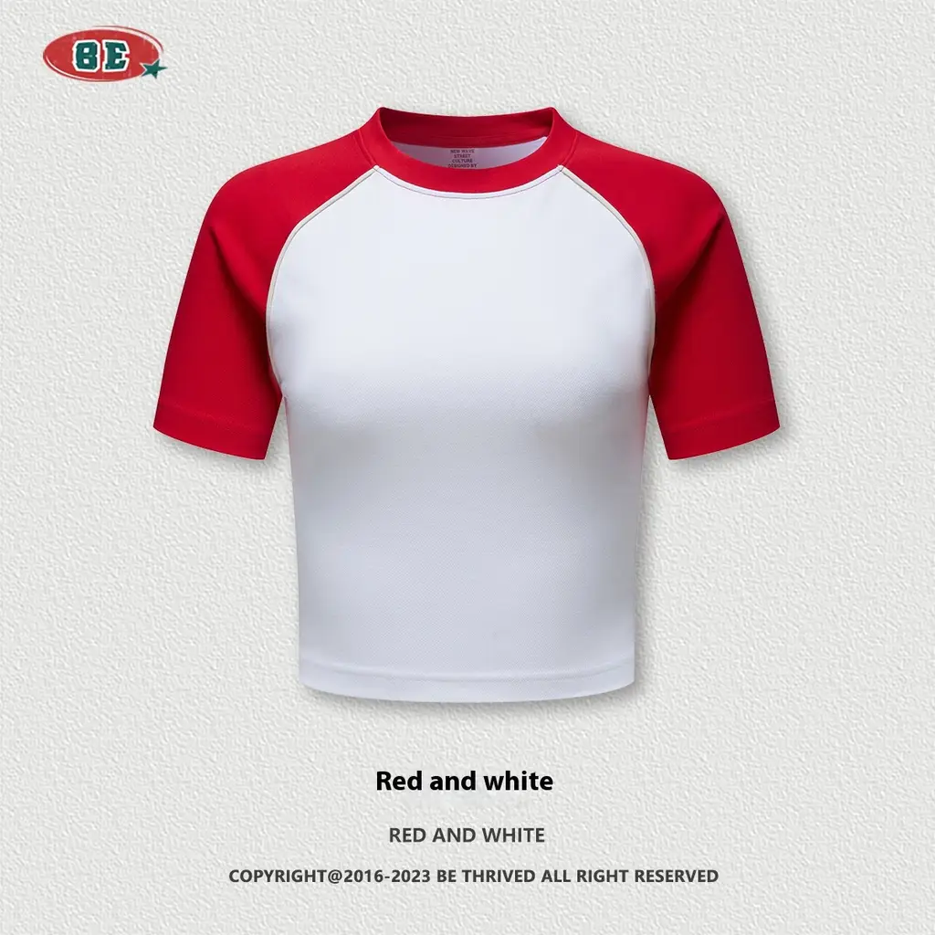 Summer Beauty Retro Short T-shirt Contrast Color Raglan Sleeve Round Neck - Red And White