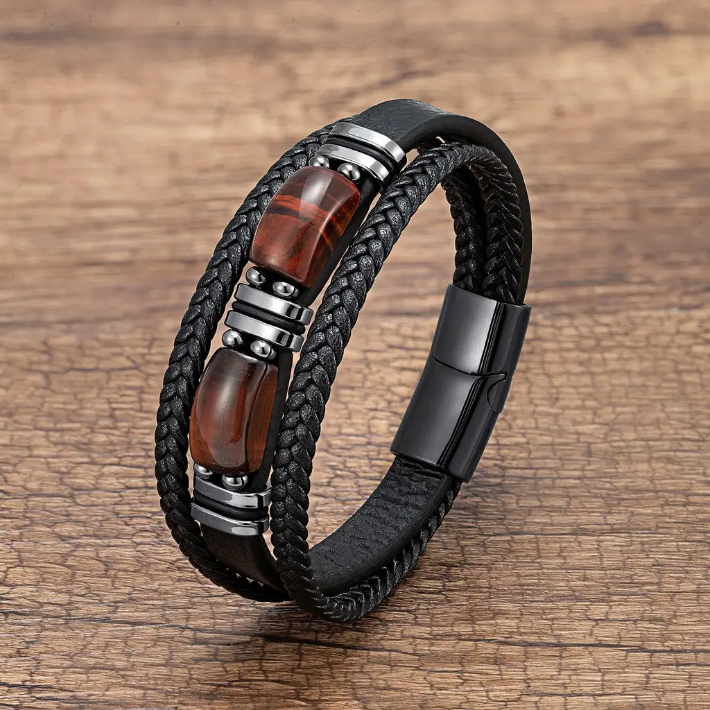 Tiger Eye Bracelet Men's Multi-layer Leather Rope Stainless Steel - Style 2