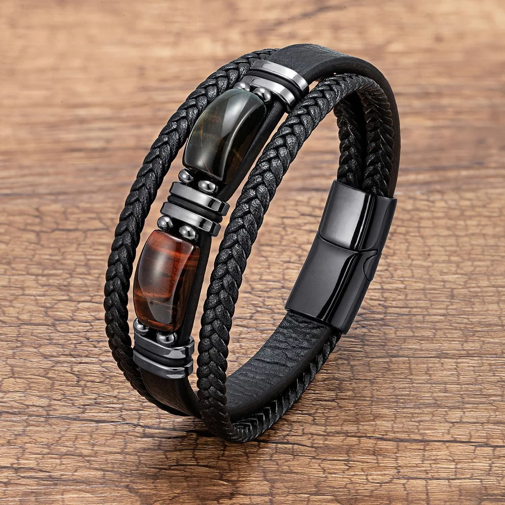 Tiger Eye Bracelet Men's Multi-layer Leather Rope Stainless Steel - Style 3