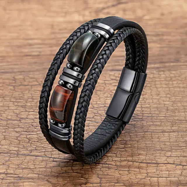 Tiger Eye Bracelet Men's Multi layer Leather Rope Stainless Steel Style 3 - Shop at LoveMi