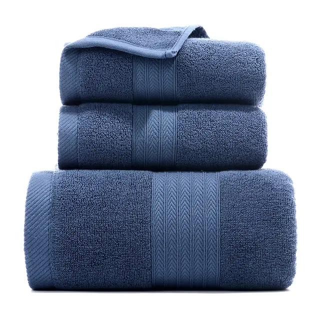 Pure Cotton Towels Three piece With Hand Bath Towel Class Fishbone Blue - Shop at LoveMi