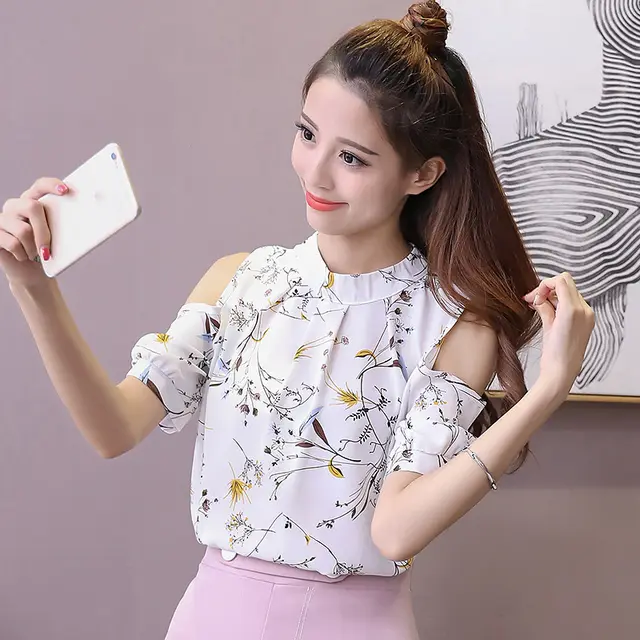 Summer Off the shoulder Top Half Sleeve Floral Chiffon Shirt Short Sleeve White - Shop at LoveMi