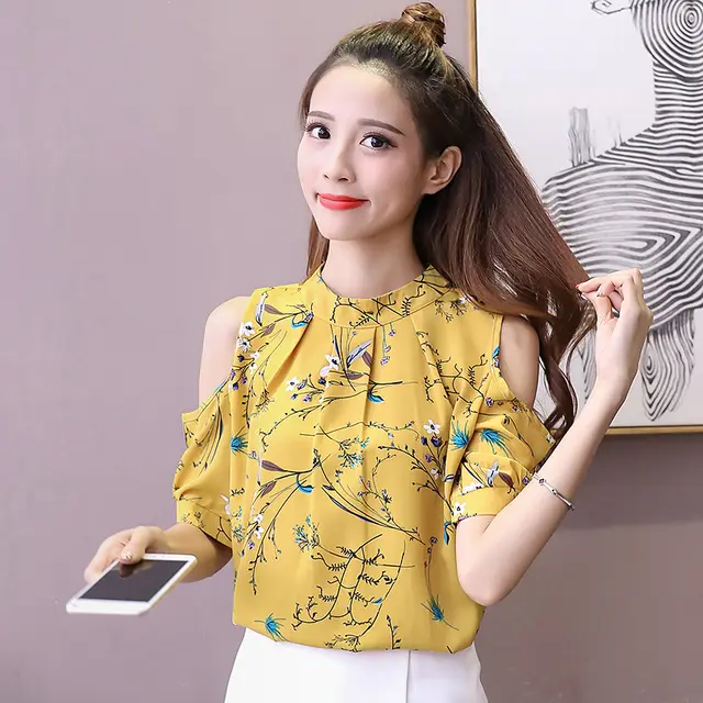 Summer Off the shoulder Top Half Sleeve Floral Chiffon Shirt Short Sleeve Yellow - Shop at LoveMi