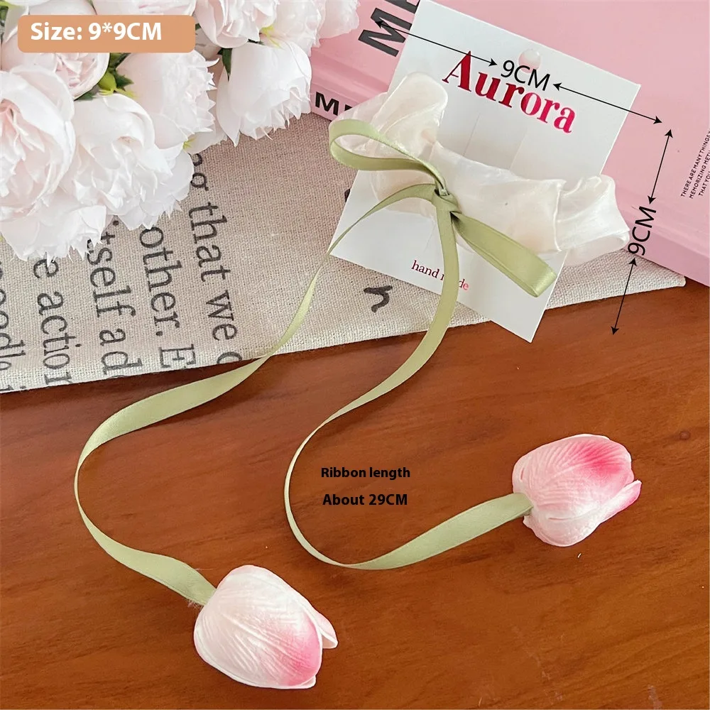 Three dimensional Tulip Flower Barrettes Simple Ribbon 4 White Hair Ring Tulip - Shop at LoveMi