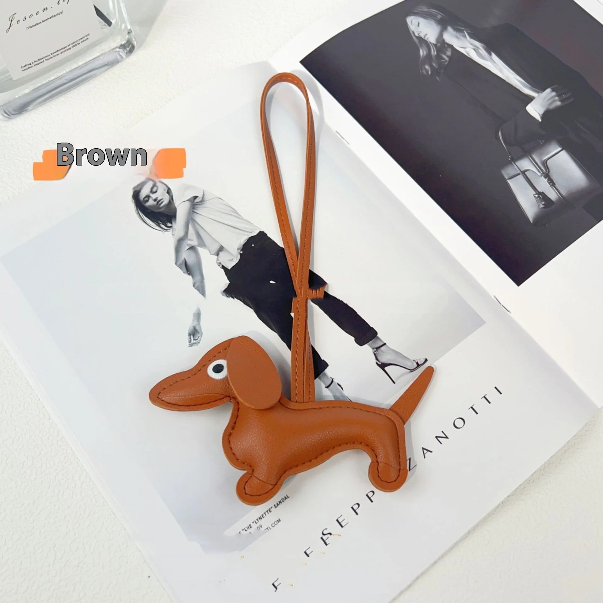 Sausage Dog Carrying Strap Bag Ornaments - Brown Leather Rope
