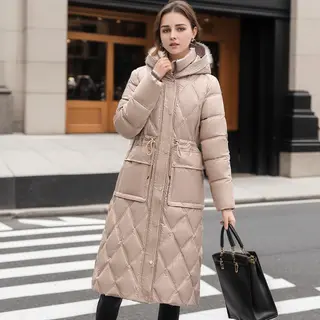 Thick Mid-length Below The Knee Hooded Winter Women's Down Jacket - Khaki