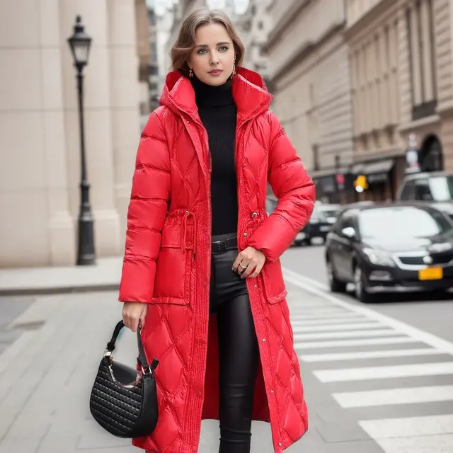 Thick Mid length Below The Knee Hooded Winter Women's Down Jacket Red - Shop at LoveMi