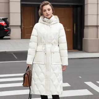 Thick Mid-length Below The Knee Hooded Winter Women's Down Jacket - White